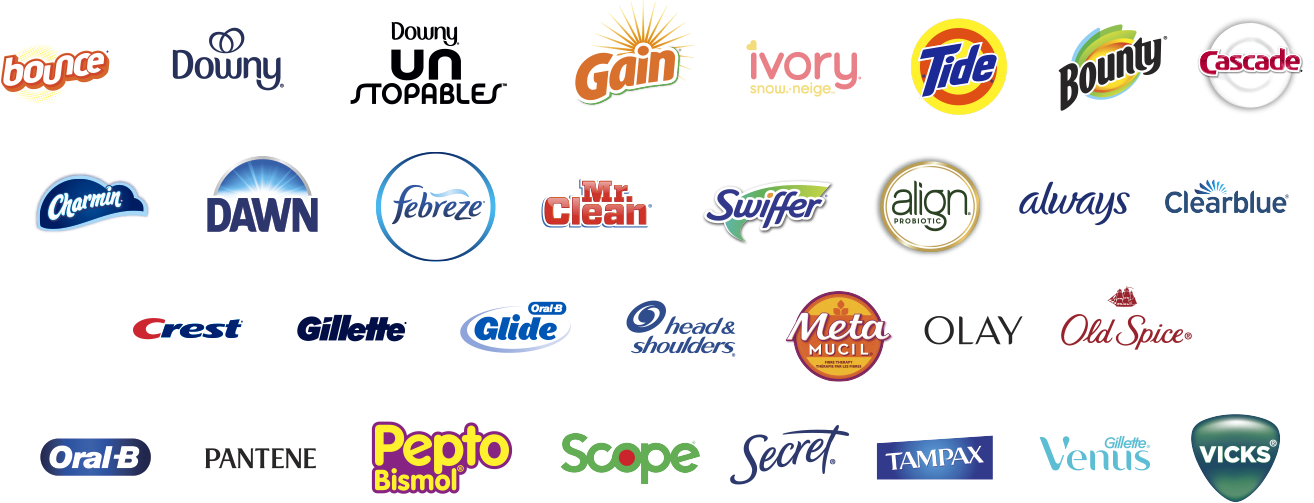 Participating Brands. Bounty. Charmin. Tide. Downy. Bounce. Downy Unstoppables. Gain. Cascade. Dawn. Swiffer. Febreze. Mr. Clean. Crest. Oral-B. Gillette. Venus. Pantene. Head and Shoulders. Olay. Old Spice. Always. Secret. Tampax Pearl. Pepto Bismol. Align. Prilosec. Meta Mucil. Vick’s