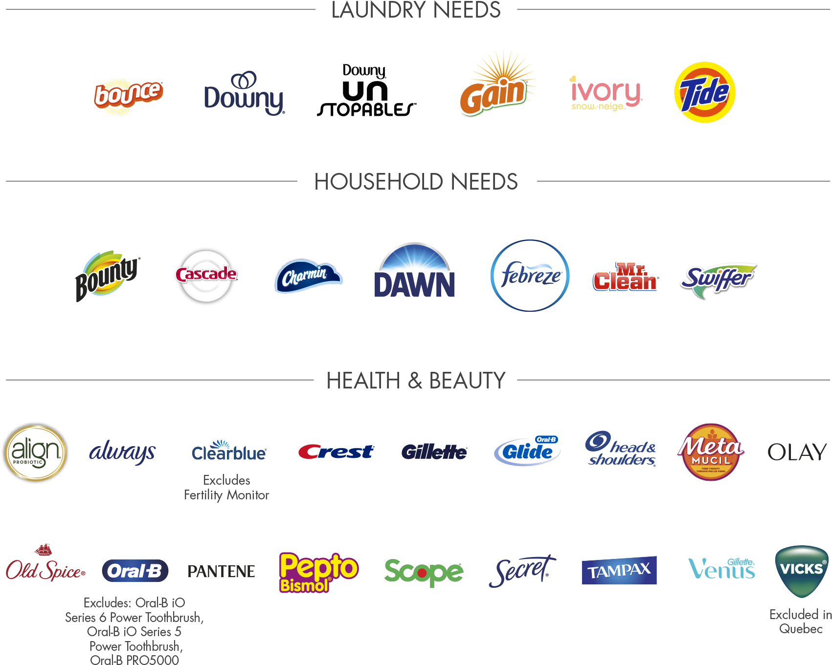 †Participating Brands: Bounce, Downy, Downy Unstopables, Gain, Ivory Snow, Tide, Bounty, Cascade, Charmin, Dawn, Febreze, Mr. Clean, Swiffer, Align, Always, Clearblue, Crest, Gillette, Oral-B Glide, Head & Shoulders, Metamucil, Olay, Old Spice, Oral-B, Pantene, Pepto Bismol, Scope, Secret, Tampax, Venus, Vicks (excluded in Quebec). Selection varies by location. Excludes: Braun, Clearblue Fertility Monitor, SK-II Facial Treatment Essence, Oral-B iO Series 6 Power Toothbrush, Oral-B iO Series 5 Power Toothbrush, Oral-B PRO5000, Vicks (Quebec only).