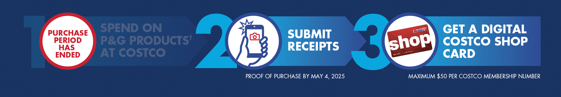 Spend $100* on P&G products and get $25 in a Digital Costco Shop Card OR Spend $200* on P&G products and get $50 in Digital Costco Shop Cards. Offer Valid 02/24/25 – 04/06/25 on purchases made at Costco Canada only. See full terms and conditions. How to participate: Step 1: Spend on P&G products† at Costco in-warehouse and/or online. Step 2: Submit receipts. Proof of purchase by May 4, 2025. Step 3: Get a Digital Costco Shop Card. Maximum $50 per Costco Membership number.